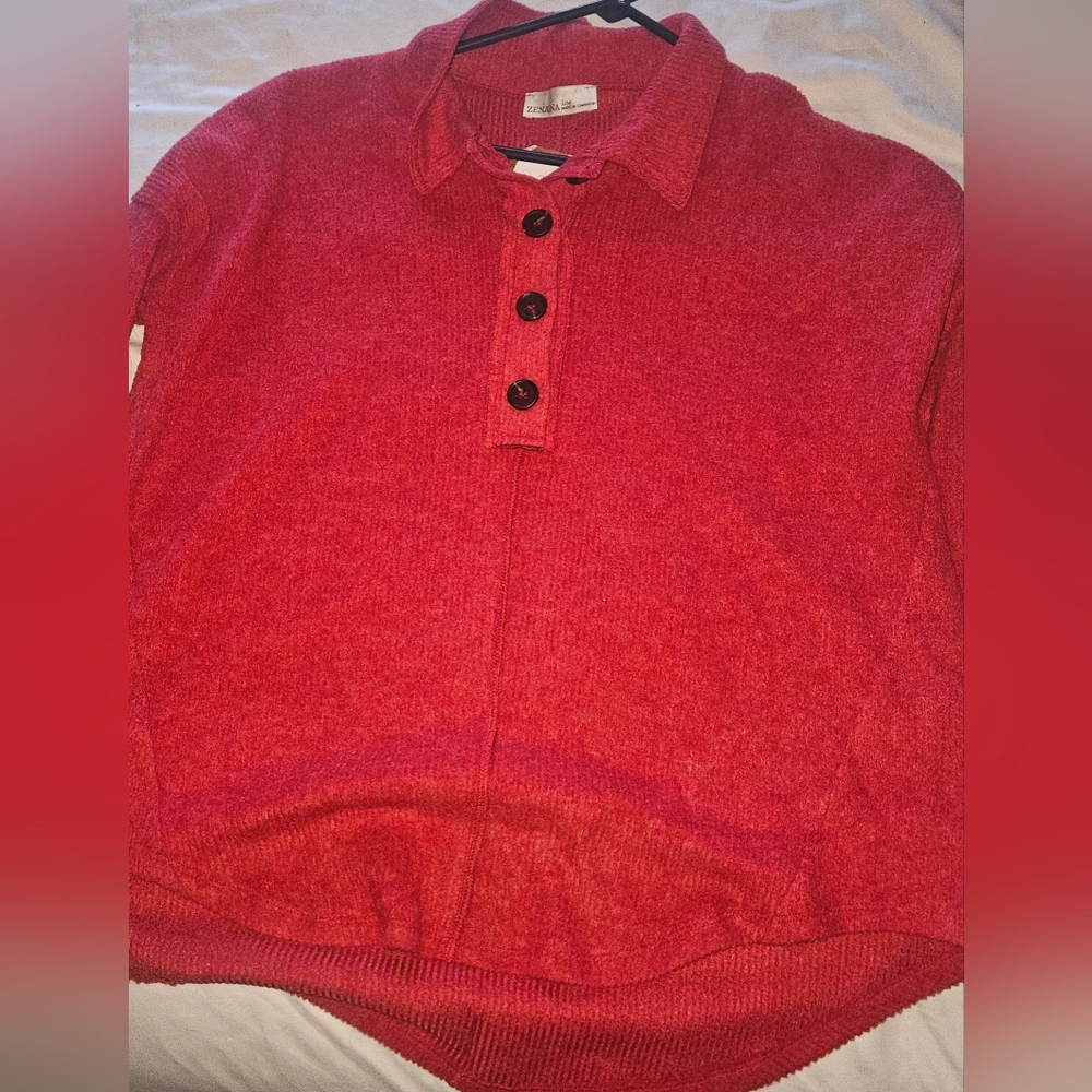 Vibrant Red Collared Sweater with Buttons